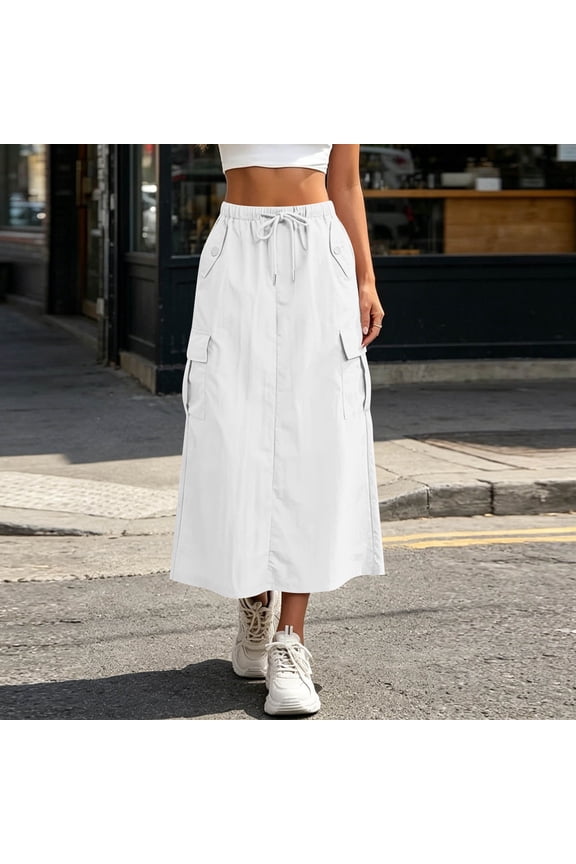 Womens Midi Length Skirt Solid Color Cargo High Waisted Midi Drawstring Elastic Waist Long Skirt with Pockets Side Slit Skirt