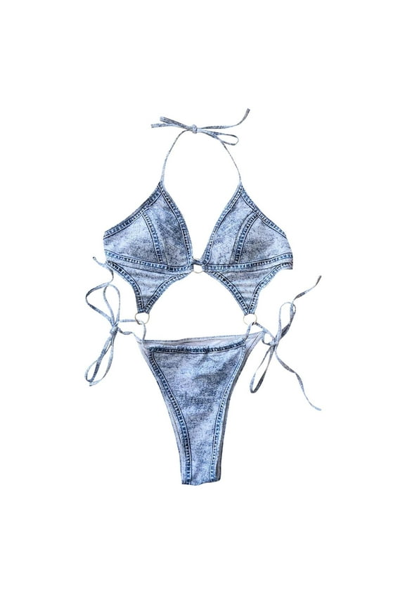 Womens One Piece Swimsuits 2025 New Swimming Fashion Women's Denim Print Detachable One-Piece Strap String Bikini Sets Backless Halter Triangle Bathing Suit Swimsuits