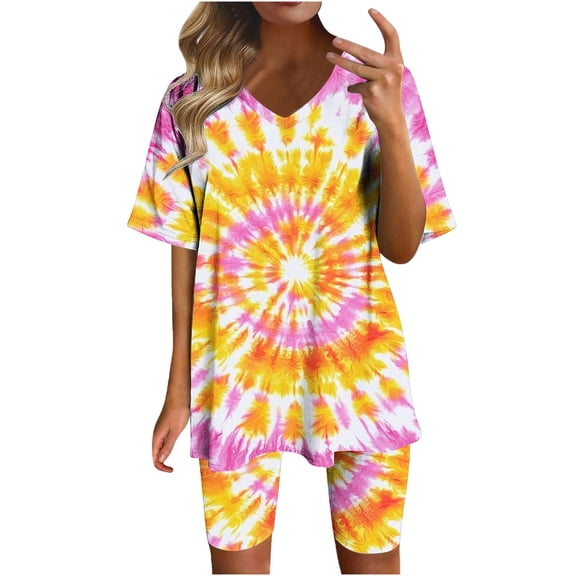 Lopecy-Sta Womens Pajamas Gift for Mother Women Fashion Printed V-Neck Blouse Short Sleeve Shorts Casual Suit Sets 2 Piece Outfits Loungewear Womens Clothes