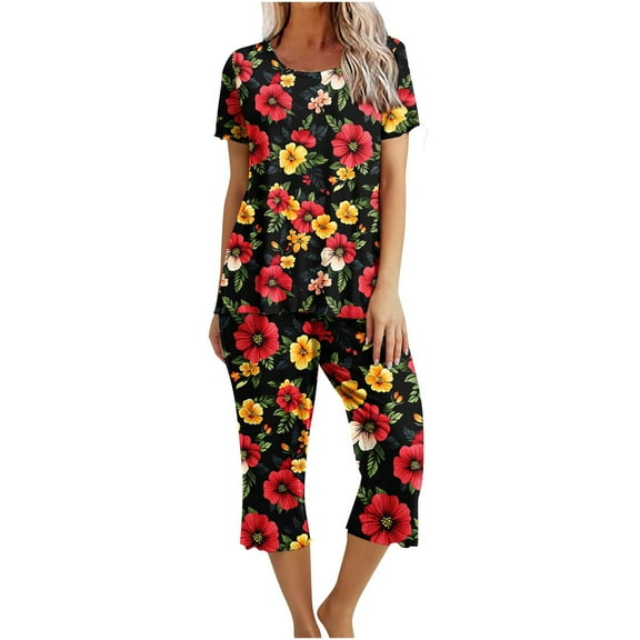 Jamicy Womens Pajamas Gift for Mother Womens Capri Pajama Sets Short Sleeve Sleepwear Top and Pants Floral Printed Lounge Sets with Pockets