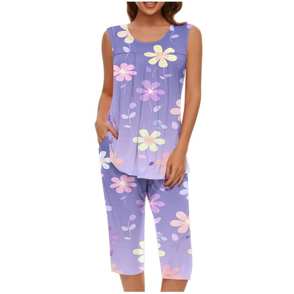Jamicy Womens Pajamas Gift for Wife Two Piece Short Set Drawstring Elastic Waist Capris Round Neck Tank Tops Comfy Sweatsuit Soft Sleepwear