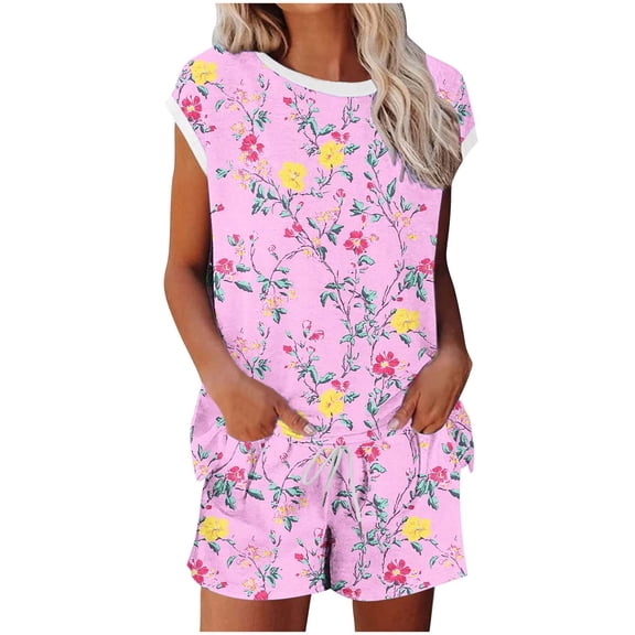 Lopecy-Sta Womens Pajamas Gift for Women Women Casual Non Positioning Printed Short Sleeved Round Neck Pants Drawstring Set