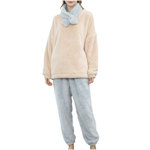 Jamicy Womens Pajamas Set Warm Fleece Pajamas Set Pullover Pants with Scarf Loose Loungewear 3PC Set Sleepwear Winter Clothes