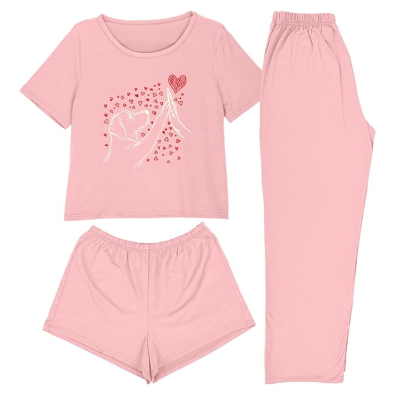 Jamicy Womens Pajamas Set Valentine's Day Gift 3pcs Home Casual Pajamas Short Sleeves Tops with Shorts Long Pants Set Pajamas Set