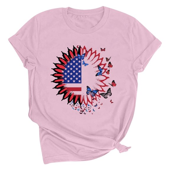 Jamicy Womens Patriotic Shirts Gift for Women Women's Printed T-Shirt Round Neck Short Sleeved Fourth Of July Usa Tshirt
