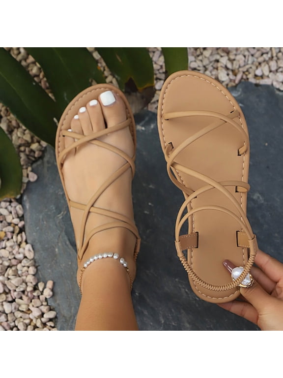 Womens Sandals Comfort Flat Cross Strappy Dress Sandals Open Toe Ankle Strap Cute Summer Flat Sandals Slides Vacation Shoes