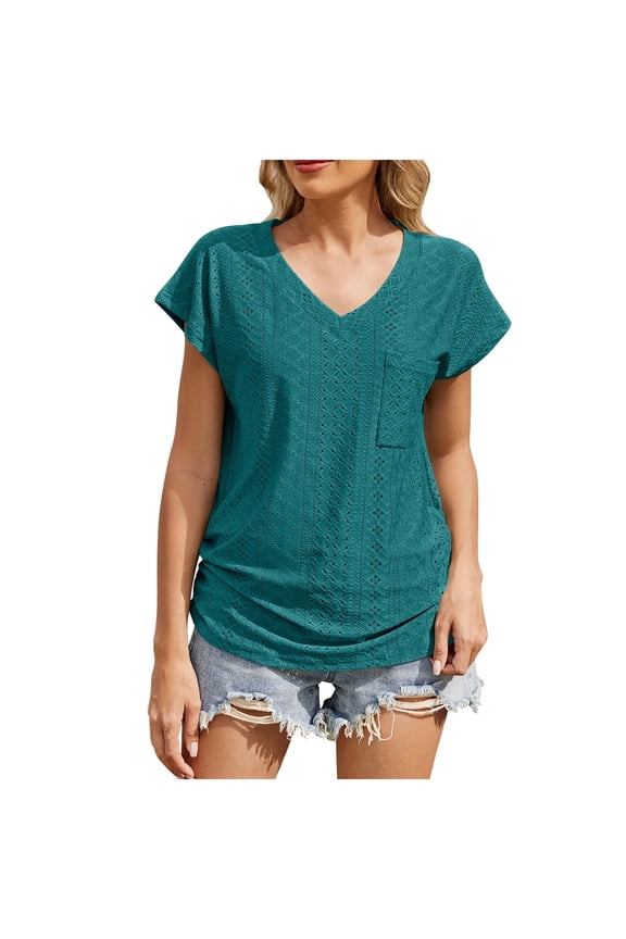 Womens Shirts Casual Summer Outfits Womens V Neck T-Shirt Summer Short Sleeve Dressy Casual Tops Eyelet Embroidered Fashion Tees