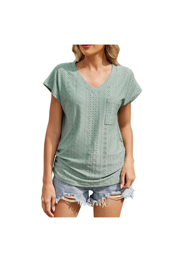 Womens Shirts Casual Summer Outfits Womens V Neck T-Shirt Summer Short Sleeve Dressy Casual Tops Eyelet Embroidered Fashion Tees