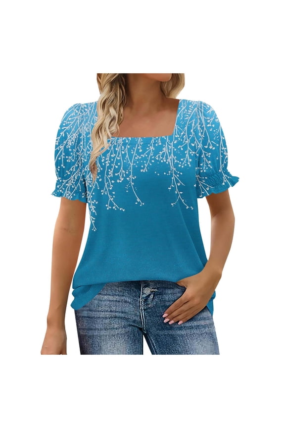 Womens Shirts Summer Gift for Women Blouse for Women Dressy Casual Puff Short Sleeve Boho Tops Fashion Floral Crew Neck Tunic Shirts Summer Clothes