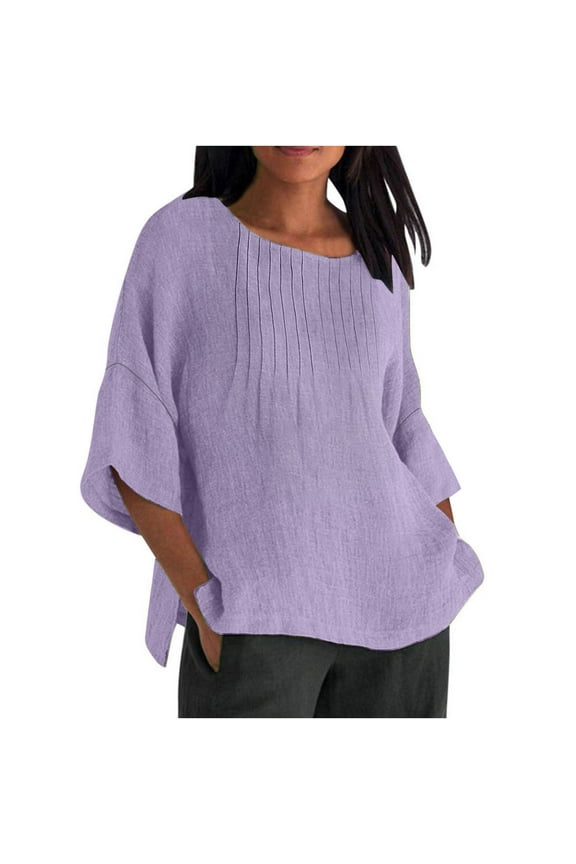 Womens Shirts Summer Gift for Mom Shirts for Women 3/4 Sleeve Plus Size Tops Gauze Split Side Casual Dressy Blouses Crew Neck Loose Tunic Tops