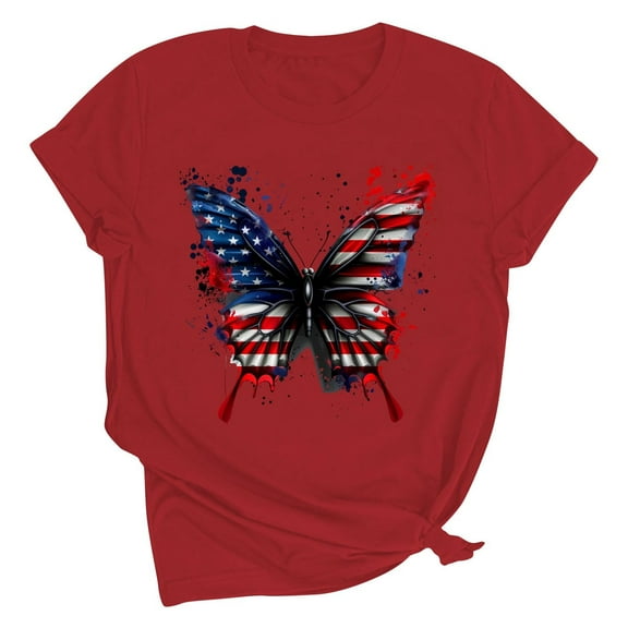 Jamicy Womens Shirts Summer Wear Women's Printed T-Shirt Round Neck Short Sleeved Fourth Of July Usa Tshirt