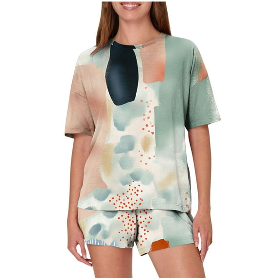 Lopecy-Sta Womens Sleepwear Summer Home Wear Women's Sleepwear Fashion Print Casual Loose Printing Round Neck Short Sleeved Shorts Pajamas Suit