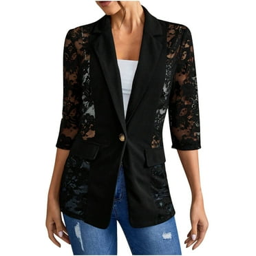 Jamicy Womens Suit Jacket Women's Sheer Lace Jacket Blazer Long Sleeve Open Front Button Casual Business Bolero Jacket for Women