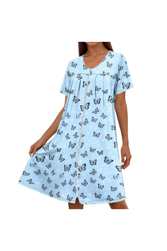Womens Summer Dresses Casual Zipper Robes Short Sleevele Bathrobes Lightweight Knee Length Housecoat with Pockets Nightgown Soft Pajama Dress