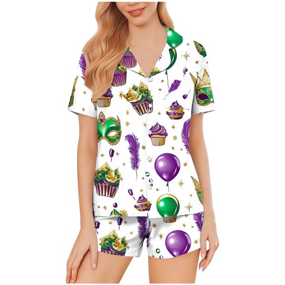Jamicy Womens Summer Pajamas Sets Carnival Print Short Sleeve Button Lounge Sets Sleepwear Casual Espresso Martini Home Wear
