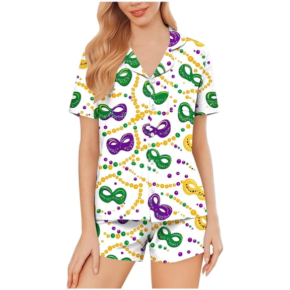 Jamicy Womens Summer Pajamas Sets Carnival Print Short Sleeve Button Lounge Sets Sleepwear Casual Espresso Martini Home Wear