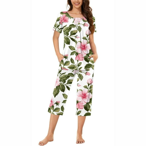 Jamicy Womens Summer Pajamas Sets Fashion Casual Loose Printed Round Neck Button Capri Pants Ladies Pajamas Set Pink