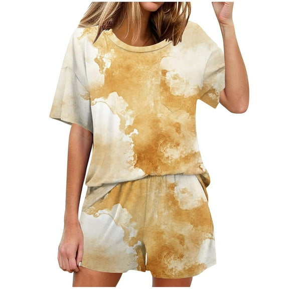 Lopecy-Sta Womens Summer Pajamas Sets Gift for Girlfriend Women's 2 Piece Casual Round Neck Pajama Sports Solid Color Suit Short Sleeve Top and Shorts Set Sweatshirt