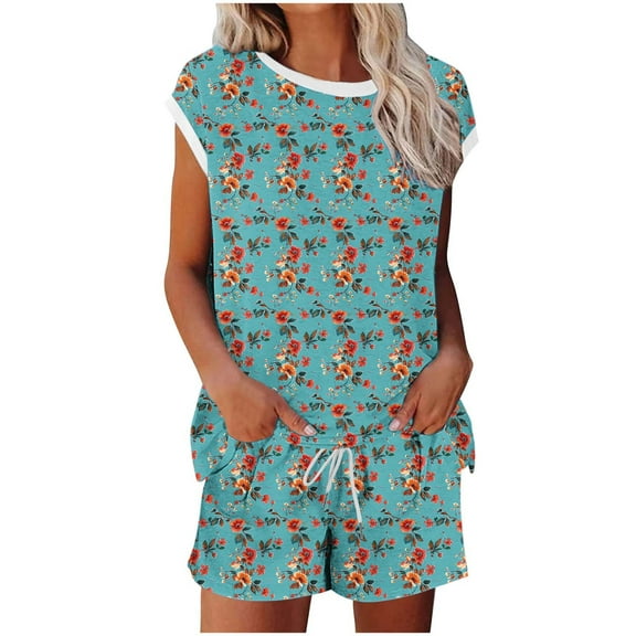 Lopecy-Sta Womens Summer Wear Gift for Mother Women Casual Non Positioning Printed Short Sleeved Round Neck Pants Drawstring Set