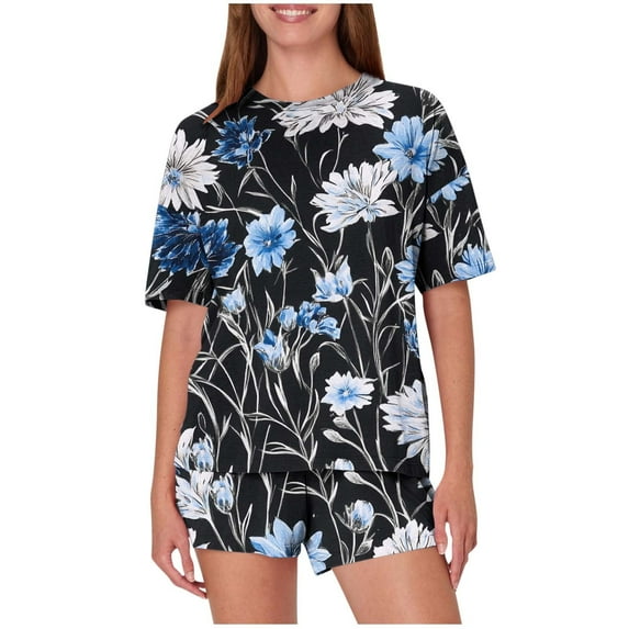 Lopecy-Sta Womens Summer Wear Gift for Mother Women's Casual Loose Printing Round Neck Pj Sets Summer Loungewear Sets Comfy Soft Sets