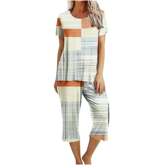 Jamicy Womens Summer Wear Gift for Wife Women's Casual Floral Print Short Sleeved Round Neck Capri Pajamas Set Lounge Sets Sleepwear