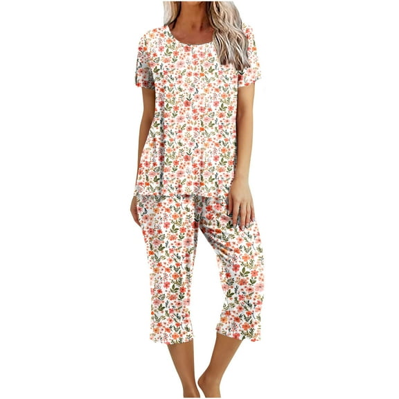 Jamicy Womens Summer Wear Gift for Women Women's Casual Floral Print Short Sleeved Round Neck Capri Pajamas Set Lounge Sets Sleepwear