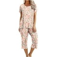 thumbnail image 1 of Jamicy Womens Summer Wear Gift for Women Women's Casual Floral Print Short Sleeved Round Neck Capri Pajamas Set Lounge Sets Sleepwear, 1 of 7