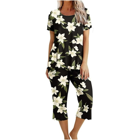 Jamicy Womens Summer Wear Summer Outfits Womens Capri Pajama Sets Short Sleeve Sleepwear Top and Pants Floral Printed Lounge Sets with Pockets