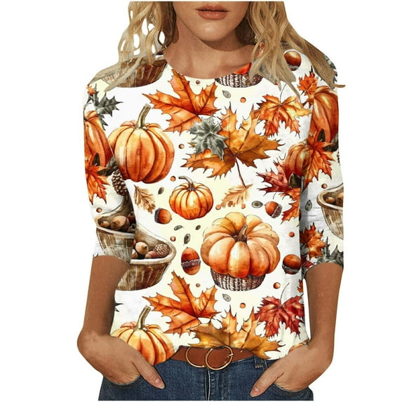 Jamicy Womens Sweatshirts No Hood Christmas Gifts Fall Season Pumpkin Maple Leaf Print Tshirt for Women Thanksgiving Tops Autumn Thankful 3/4 Sleeve Graphic Tees