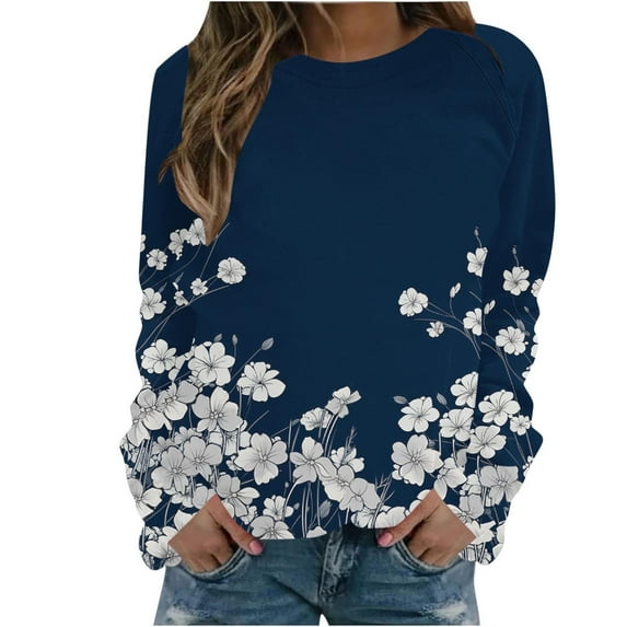Jamicy Womens Sweatshirts No Hood Long Sleeve Shirts for Women Fashion Long Sleeve Crew Neck Shirts Basic Tee Sort Comfy Printed Tops Blouse