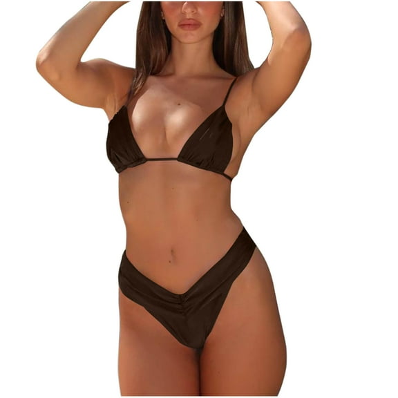 Jamicy Womens Swimwear 2025 Summer New Women's 2 Piece Halter Bikini Sets Solid Ruched Self-Tie Back Swimwear with Bottoms Bathing Suit Swimsuit