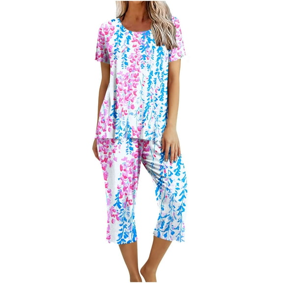 Jamicy Womens Track Suits Gift for Girlfriend Women's Casual Floral Print Short Sleeved Round Neck Capri Pajamas Set Lounge Sets Sleepwear