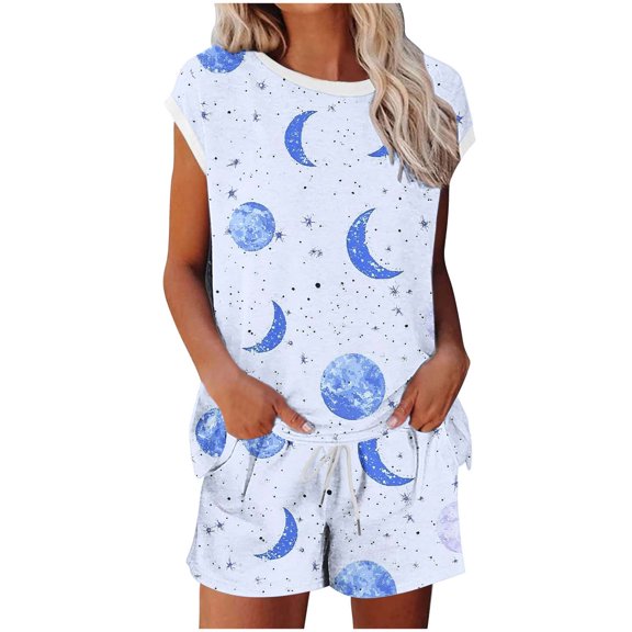 Lopecy-Sta Womens Track Suits Gift for Mother Women Casual Non Positioning Printed Short Sleeved Round Neck Pants Drawstring Set