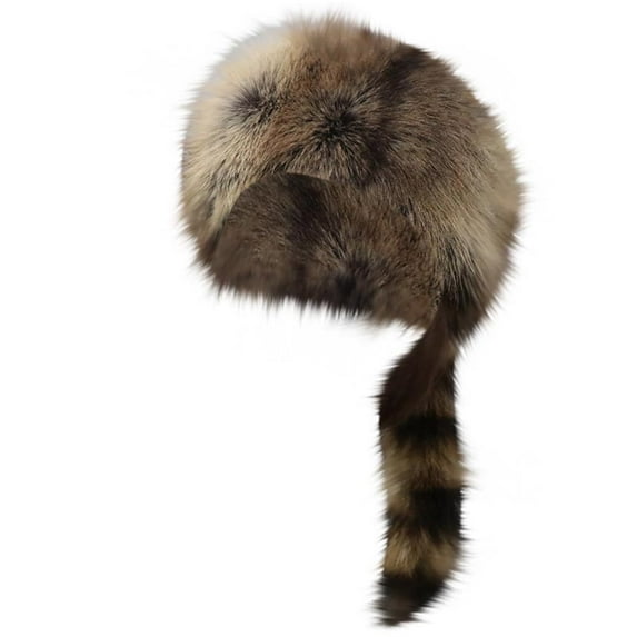 Jamicy Womens Winter Hat Christmas Gift Cossack Style Faux Fur Raccoon Tail Coonskin Cap Round Flat Top Boone Hat Raccoon Tail Hats for Winter
