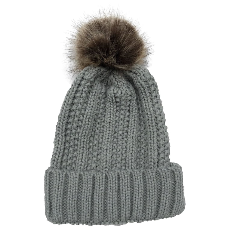 Cable Knit Beanie with Faux Fur Pom Fleece Lined Skull Cap Winter Hat C.C Thick Cable Knit Faux Fuzzy Fur Pom Fleece Lined Skull  main image 3