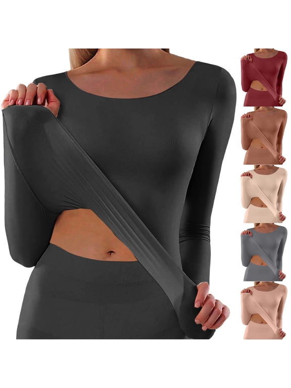 Womens Winter Undershirts Long Sleeved Round Neck Solid Color Warm Basic Tops Underwear Base Layers for Women