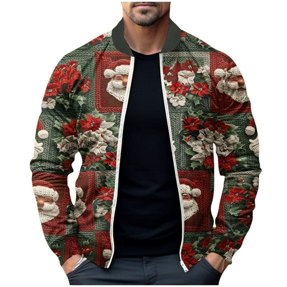 Jamicy Zip Up Jackets for Men Clearance Mens Christmas Bomber Jackets Long Sleeve Printed Xmas Sweatshirt Casual Celebration Party Jackets Full Zip Top