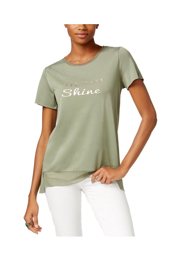 Graphic Chiffon Trim Top Green L