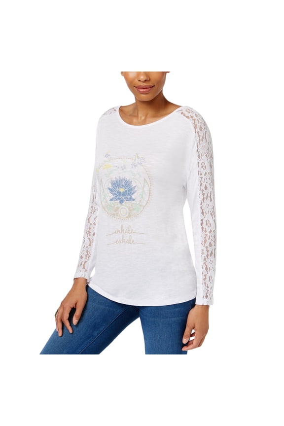 Graphic Print Lace Sleeve Top Bright White L