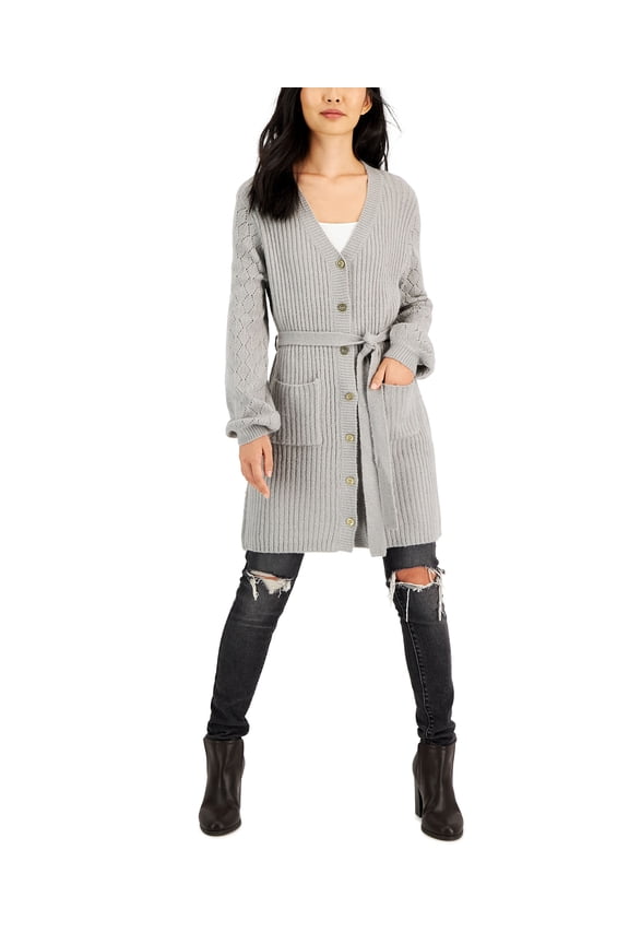 Petite Belted Pointelle Sweater Dress Light Gray PL