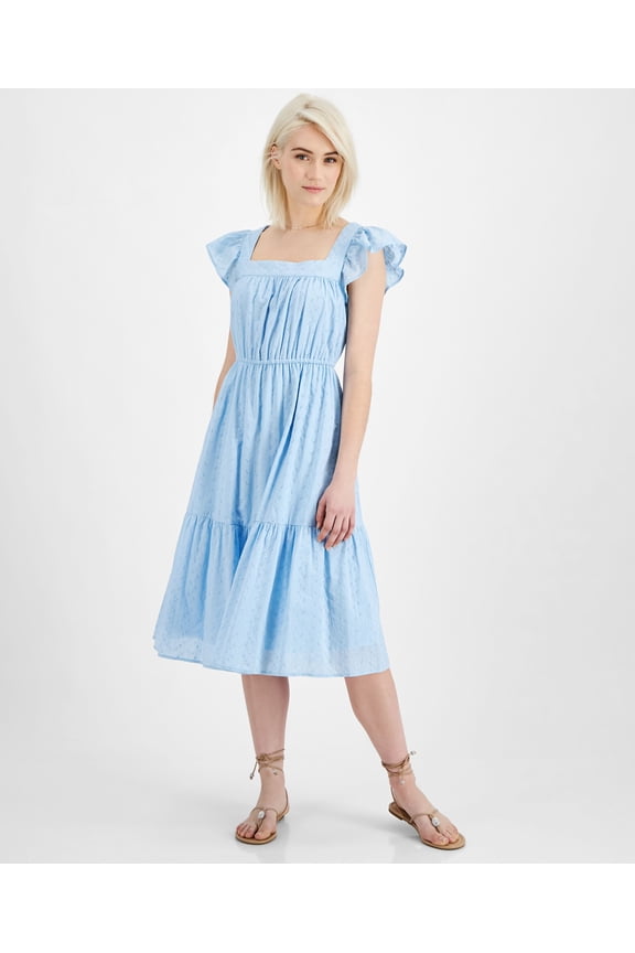Petite Eyelet Flutter Sleeve Tiered Midi Dress Blue Summer Song PXL