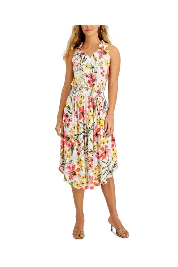 Jamie & Layla Petite Floral-Print Smocked Dress White PM