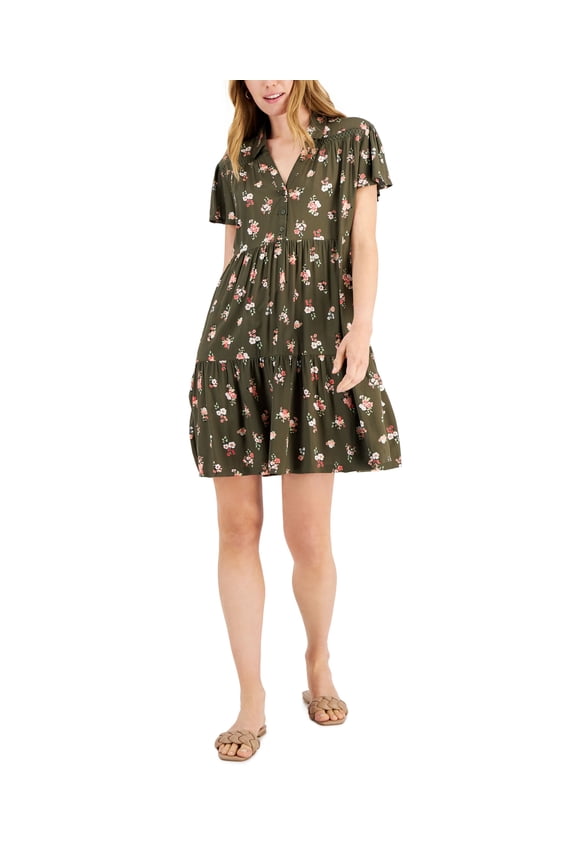 Petite Printed Tiered Shift Dress Olive Night Combo PS