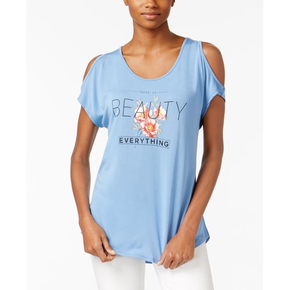 Jamie & Layla Womens Cold Shoulder Scoop Neck Graphic T-Shirt Blue S