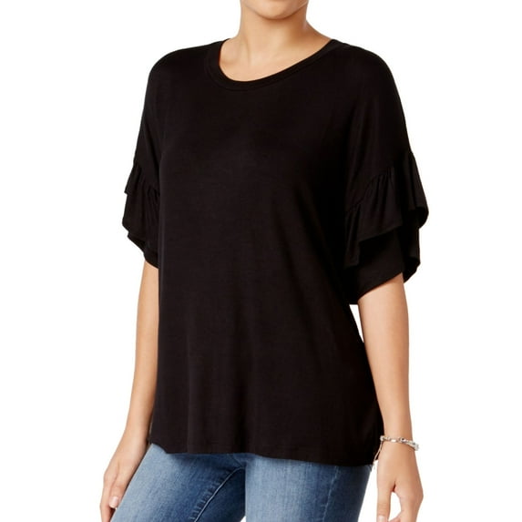 Jamie & Layla Womens Ruffled Sleeve Basic T-Shirt, Black, Medium