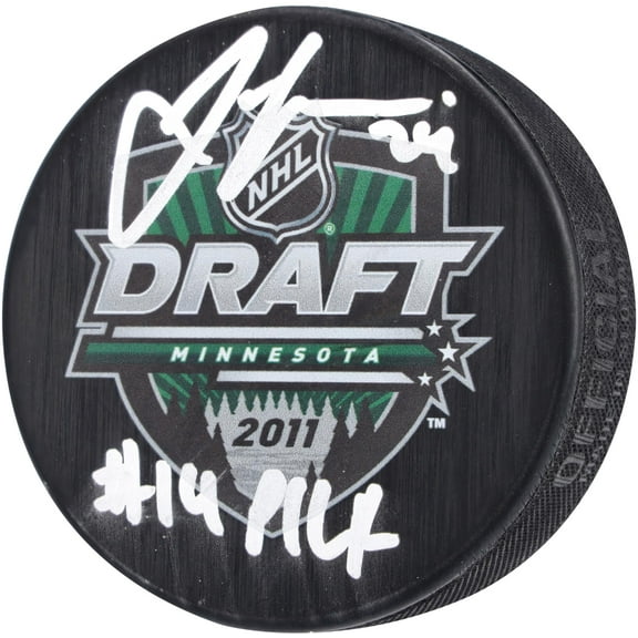 Jamie Oleksiak Seattle Kraken Autographed 2011 NHL Draft Logo Hockey Puck with "#14 Pick" Inscription - Fanatics Authentic Certified