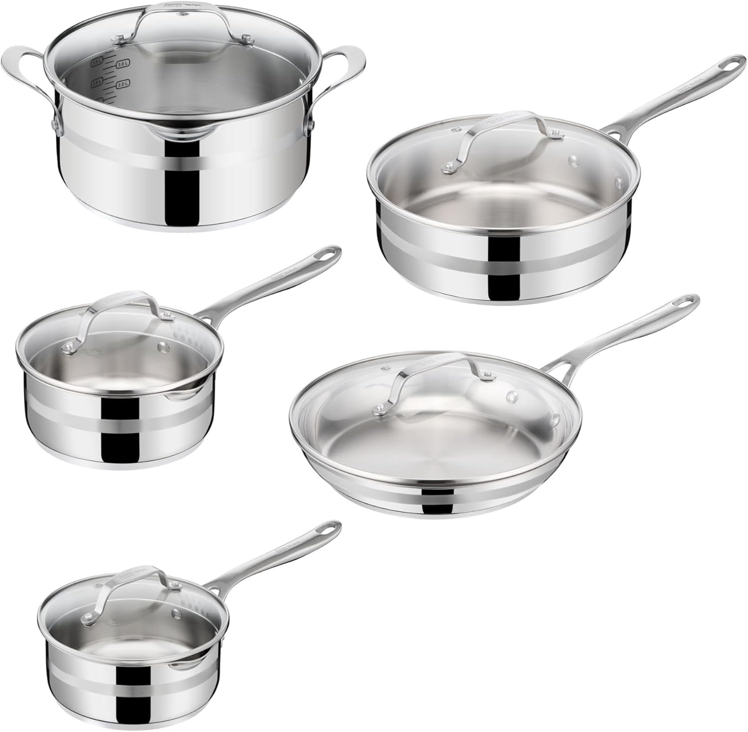 Jamie Oliver by Tefal Cook Smart 10-Piece Stainless Steel Pots and Pans Set, Robust, Fast Heating, Even Cooking, Riveted Handle, Induction Safe, Oven and Dishwa