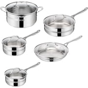 Jamie Oliver by Tefal Cook Smart 10-Piece Stainless Steel Pots and Pans Set, Robust, Fast Heating, Even Cooking, Riveted Handle, Induction Safe, Oven and Dishwasher Safe, Induction Cookware Set