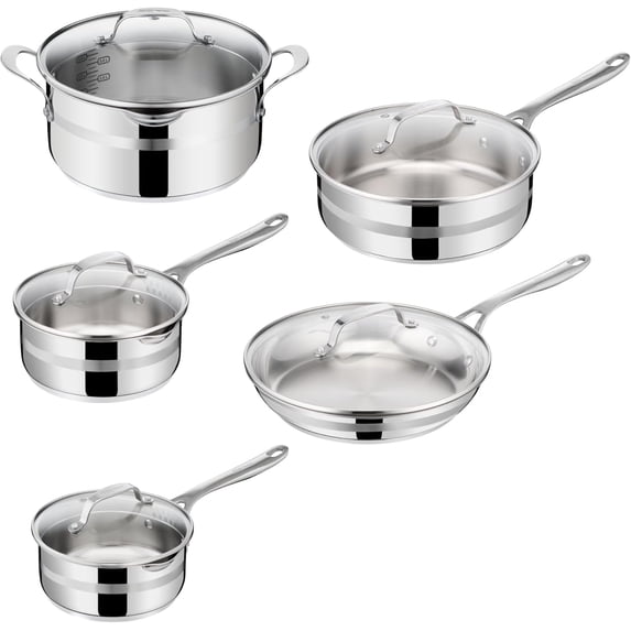Jamie Oliver by Tefal Cook Smart 10-Piece Stainless Steel Pots and Pans Set, Robust, Fast Heating, Even Cooking, Riveted Handle, Induction Safe, Oven and Dishwasher Safe, Induction Cookware Set