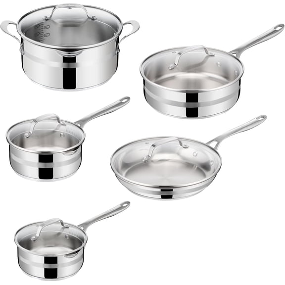 Jamie Oliver by Tefal Cook Smart 10-Piece Stainless Steel Pots and Pans Set, Robust, Fast Heating, Even Cooking, Riveted Handle, Induction Safe, Oven and Dishwasher Safe, Induction Cookware Set